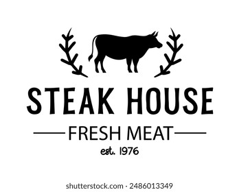 Steak house logo. Vector illustration. Retro style grill restaurant, bar emblem, badge, design, logotype template. Barbecue restaurant typography logo. Vintage design. Steakhouse vector template logo.