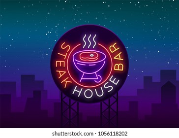 Steak House Logo Vector. Neon sign, symbol, bright advertising night barbecue, grill, roast meat, grill bar, restaurant. Bright neon banner, luminous billboard for your projects