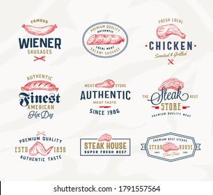 Steak House or Meat Store Typography Labels, Emblems or Logo Templates Collection. Hand Drawn Sausage, Steak, Chicken Thigh, Wings and Drumstick Sketch Signs Set. Textured Background. Isolated.