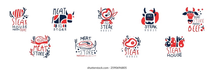 Steak House or Meat Store Typography Label Design Vector Set