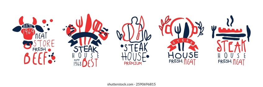 Steak House or Meat Store Typography Label Design Vector Set