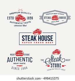 Steak House Or Meat Store Vintage Typography Labels, Emblems, Logo Templates. Signs Set. Isolated.