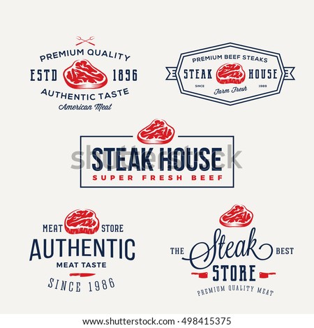 Steak House or Meat Store Vintage Typography Labels, Emblems, Logo Templates. Signs Set. Isolated. Stock foto © 