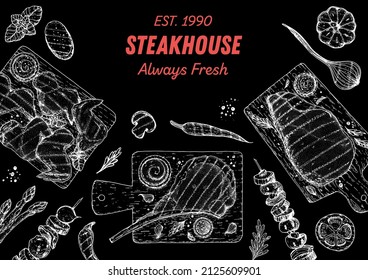 Menú Steak House. Esbozo de parrilladas. Plantilla de diseño de menú. Carne y verduras a la parrilla. Ilustración vectorial. Diseño grabado. Ilustración dibujada a mano.