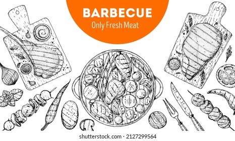 Steak House menu  Bbq grill food sketch  Menu design template  Grilled meat   vegetables frame  Vector illustration  Engraved design  Hand drawn illustration 