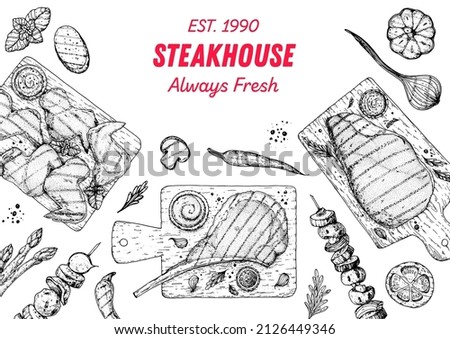 Steak House menu. Bbq grill food sketch. Menu design template. Grilled meat and vegetables frame. Vector illustration. Engraved design. Hand drawn illustration. Stock foto © 