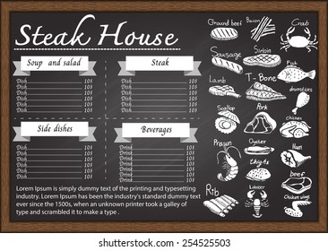 Steak House Menu On Chalkboard Design Template.