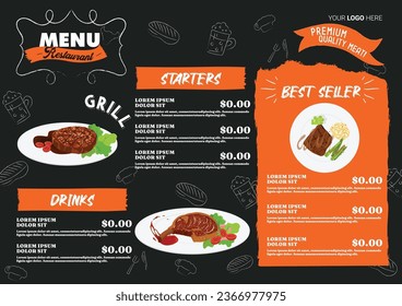 Steak house menu template contrast classical handdrawn