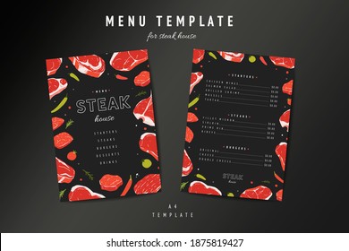 Steak house menu template, meat restaurant menu card design layout. Hand drawn illustration of beefsteaks rib eye and t-bone on black background. Steakhouse flyer or banner with price, vector frame