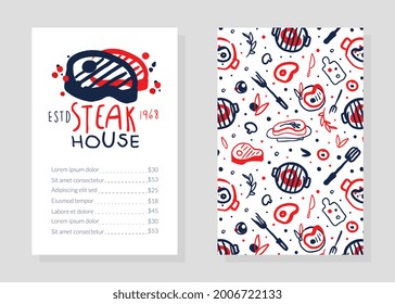 Vorlage für das Steak House-Menü mit Fleischprodukten Nahtlose Muster, Karte, Flyer, Poster Design-Vektorgrafik