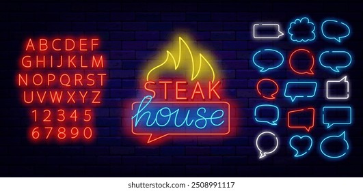 Steak house etiqueta de neón. Anuncio de fiesta de barbacoa. Conjunto de marcos de burbuja de voz. Invitación a la parrilla. Alfabeto rojo brillante. Trazo editable. Vector ilustración de stock