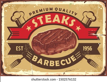 Steak house old sign design with tasty beef meat and vintage emblem on golden background. Retro poster template for diner or restaurant. Food vector illustration.