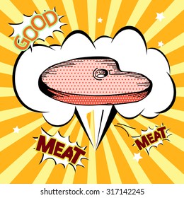 Steak house poster on retro background. Menu restaurant or cafe with meat beef or pork. Slice of steak with explosion and calligraphy. Barbecue pork meat in comic style