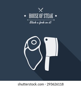 Steak house poster. Restaurant menu cover. Beef meat cartoon with long shadow. Creative typography advertising. Eps10 vector illustration