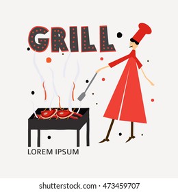 Steak house poster.Cook preparing steak. Grill. Barbecue and grill labels. Steak house restaurant menu design elements.