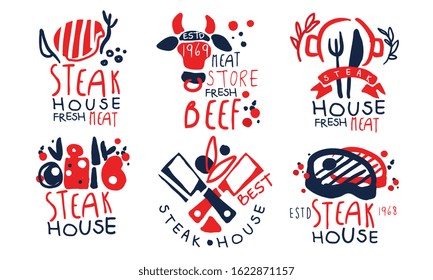 Steak House Premium Quality Labels Collection, Fresh Meat Store Retro Hand Drawn Badges Vector Illustration