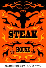 Steak House Restaurant Menu Design, Wild West style vector cover.