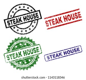 STEAK HOUSE seal prints with distress style. Black, green,red,blue vector rubber prints of STEAK HOUSE text with dust surface. Rubber seals with round, rectangle, medal shapes.