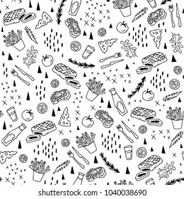 Steak house seamless pattern. Tasty grilled meat and french fries. Hand drawn vector black and white illustration. Cartoon doodle. Background, wallpaper. Colouring page. Web, print, fabric texture.