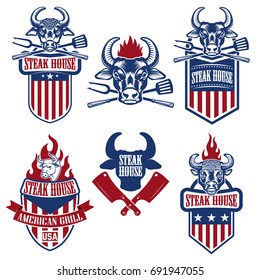 steak house. Set of the emblems with kitchen tools with bull heads.  Design element for logo, label, emblem, sign, brand mark. Vector illustration.