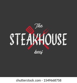 Steak house set logo with grill, steak, knife, meat, wine and beer. A restaurant. Steak cafe. Vector illustration.