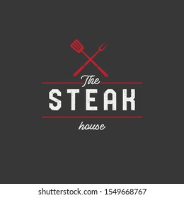 Steak house set logo with grill, steak, knife, meat, wine and beer. A restaurant. Steak cafe. Vector illustration.
