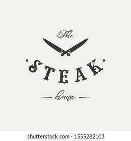 Steak house set logo with grill, steak, knife, meat, wine and beer. A restaurant. Steak cafe. Vector illustration.