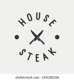 Steak house set logo with grill, steak, knife, meat, wine and beer. A restaurant. Steak cafe. Vector illustration.
