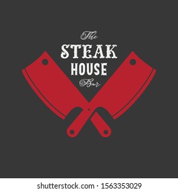Steak house set logo with grill, steak, knife, meat, wine and beer. A restaurant. Steak cafe. Vector illustration.