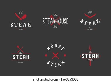 Steak house set logo with grill, steak, knife, meat, wine and beer. A restaurant. Steak cafe. Vector illustration.