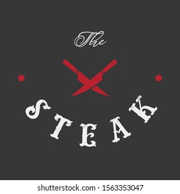 Steak house set logo with grill, steak, knife, meat, wine and beer. A restaurant. Steak cafe. Vector illustration.