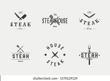 Steak house set logo with grill, steak, knife, meat, wine and beer. 