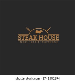 Steak house text with fork, knife and cow silhouette isolated on dark background fit for steak restaurant logo