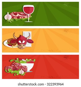 Steak House Vector Banners With Bull,meat,wine And Salad