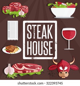 steak house vector illustration with bull,meat,wine and salad