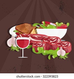 Steak House Vector Illustration With Meat,wine And Salad