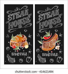 Steak house. Vector illustration menu. Steak drawn in chalk on a black Board. Hand drawn vector illustration.