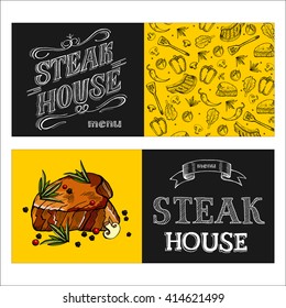 Steak house. Vector illustration.Steak drawn in chalk on a black Board. Hand drawn vector illustration.