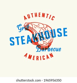 Steak House Vector Label, Card, Emblem or Logo Template. Vintage Steakhouse or barbecue restaurant logo, emblem. Retro Typography. Trendy retro logo. 