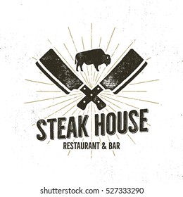 Steak House vintage Label. Typography letterpress design. With sunbursts, isolated on white.