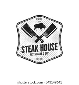 Steak House vintage Label. Typography letterpress design. Vector bbq emblem in retro design. Monochrome insignia isolated on white background