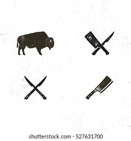 Steak House Vintage Symbols. Letterpress Effect. Vector Bbq Elements For Retro Logos, Emblems