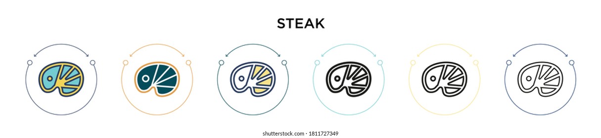 Steak icon in filled, thin line, outline and stroke style. Vector illustration of two colored and black steak vector icons designs can be used for mobile, ui, web