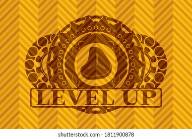 Steak icon and Level Up text orange color emblem. Geometric chic background. Vector illustration. 