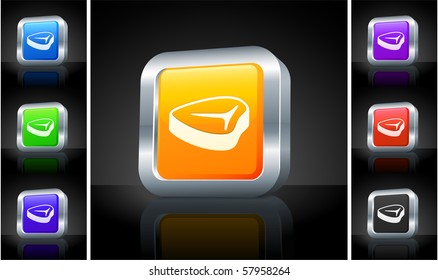 Steak Icon on 3D Button with Metallic Rim Original Illustration
