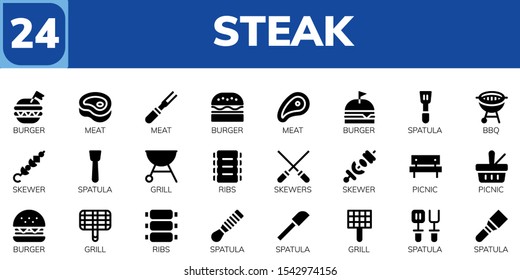 steak icon set. 24 filled steak icons.  Collection Of - Burger, Meat, Spatula, Bbq, Skewer, Grill, Ribs, Skewers, Picnic icons