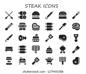  steak icon set. 30 filled steak icons. Simple modern icons about  - Skewers, Salami, Burger, Skewer, Meat, Spatula, Grill, Steak, Ribs, Picnic, Barbecue, Fish food