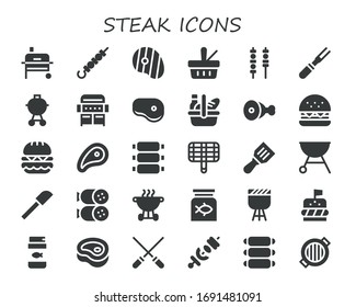 steak icon set. 30 filled steak icons. Included Grill, Skewer, Steak, Picnic, Skewers, Meat, Barbecue, Burger, Ribs, Spatula, Salami, Bbq, Fish food icons