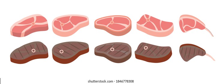 Steak icon set. Cartoon set. Cartoon beef steaks. Grilled steak, beef meats and filet mignon