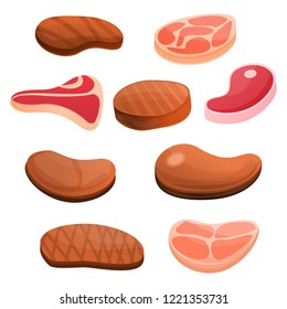 Steak icon set. Cartoon set of steak vector icons for web design